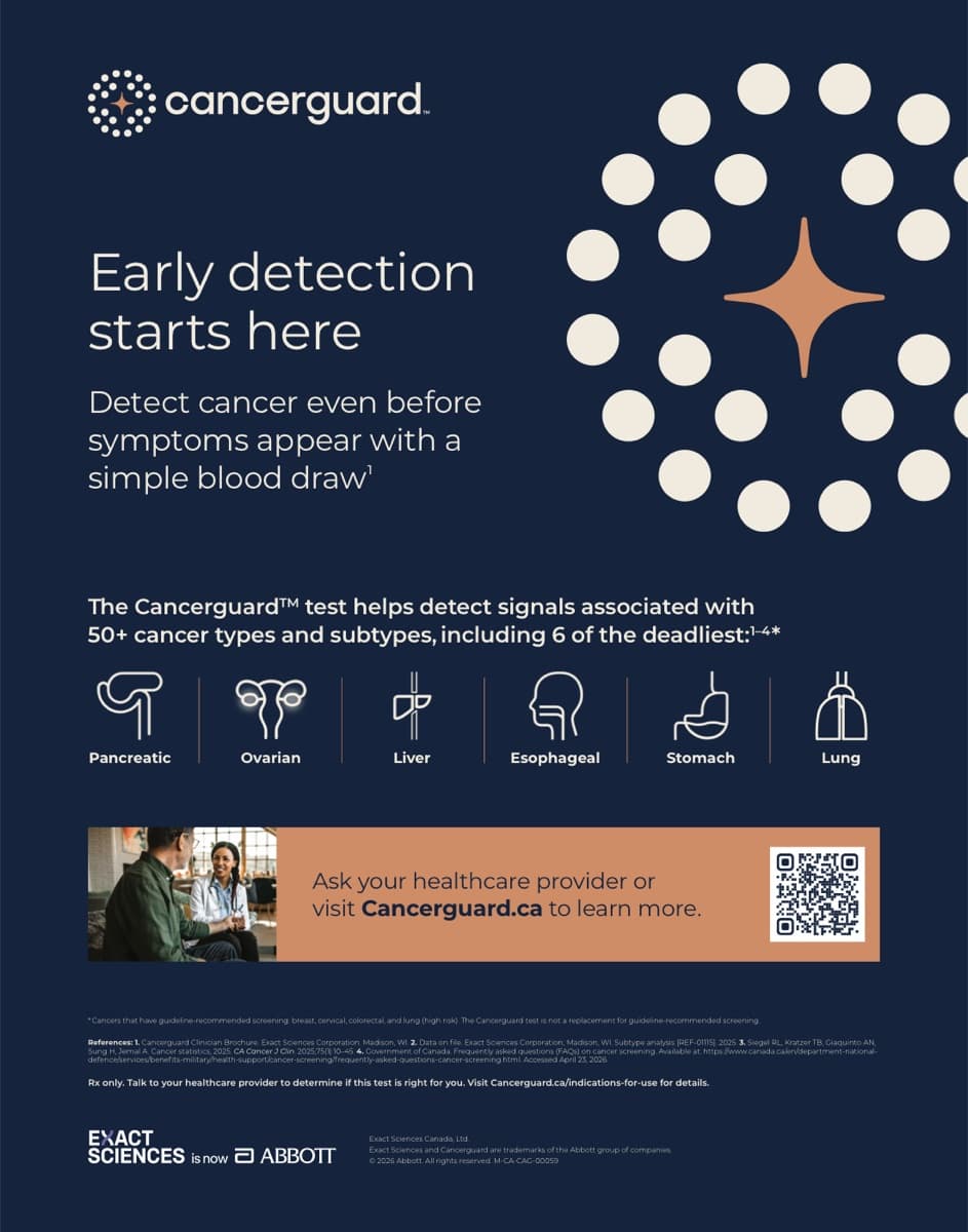 Cancerguard™ 海報,早期檢測由此開始:一次簡單抽血,可偵測 50 種以上癌症(包括 6 種最致命癌症)的信號。
